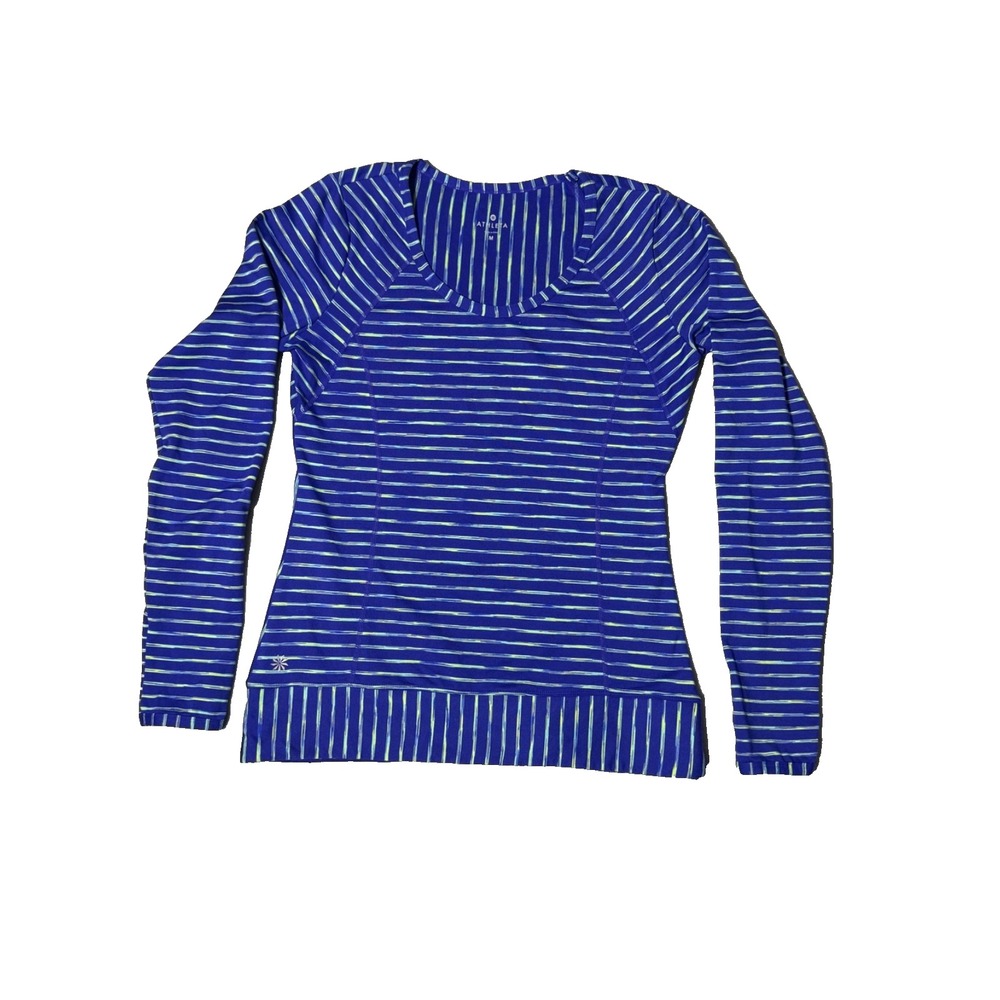 Athleta Womens M Long Sleeve Striped Athletic Running Top Blue Green Pocket